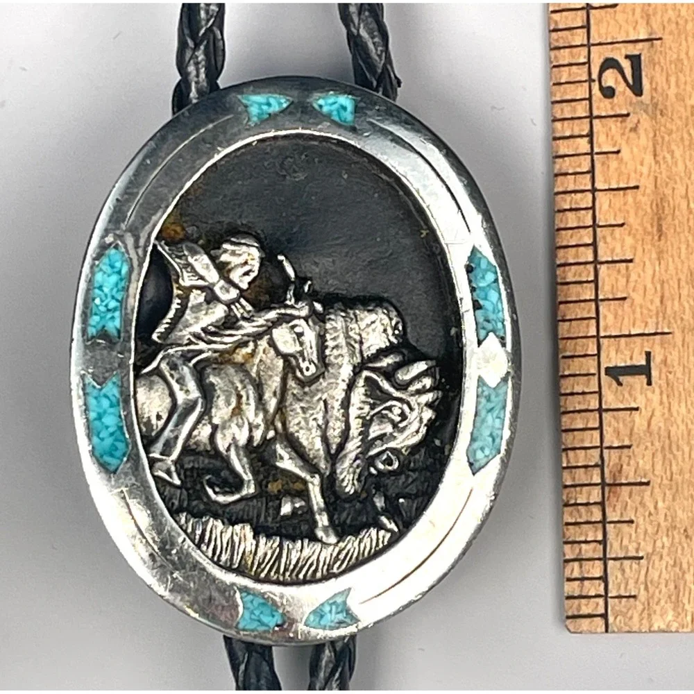 G&S 2000 Buffalo Hunt Bolo Tie Turquoise Chip Inlay Western Horseback Rider